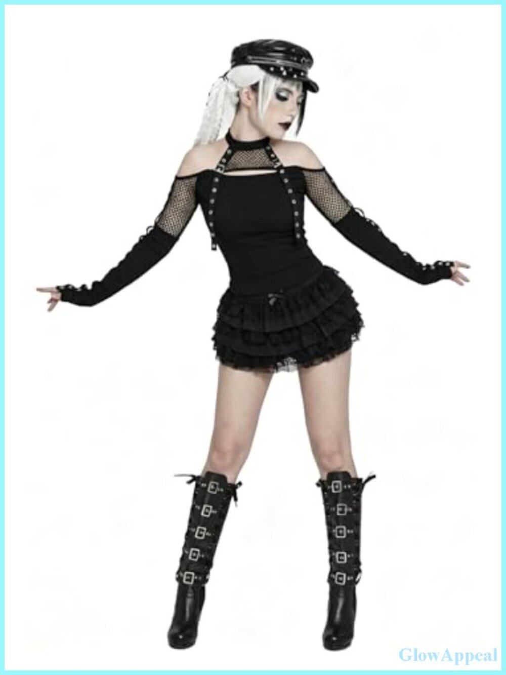 Gothic Crop Top with Fishnet Mesh, Cold Shoulder Punk Halter Neck Blouse - Picture 5 of 6